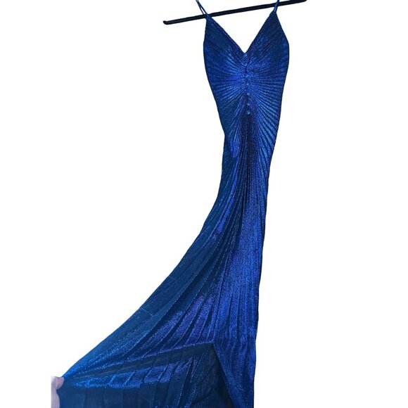 Vintage New Leaf semi sheer metallic dress By Samir Blue Pleated Gown XS - Picture 3 of 8